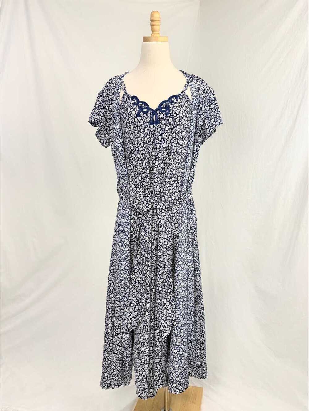 Vintage Natori II Navy Blue Floral Peignoir Robe Slip Nightgown Set Small Medium